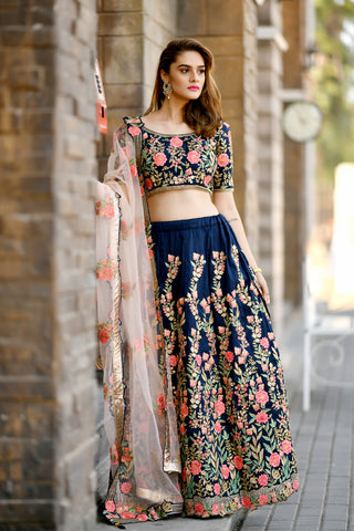 Delightful Navy Blue Silk Resham Embroidery Lehenga Choli ClothsVilla