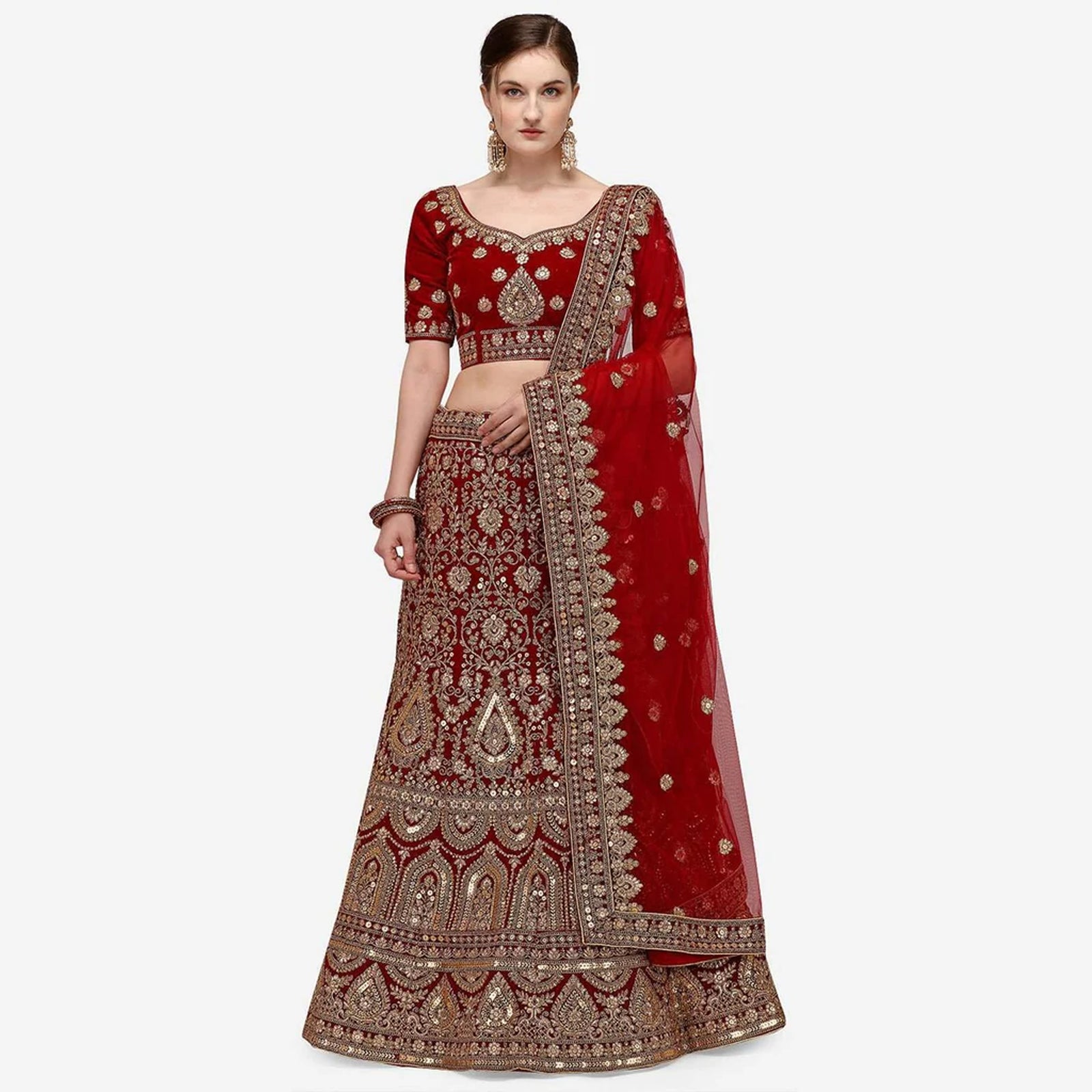 Maroon velvet heavy Bridal Lehenga Choli For Wedding ClothsVilla