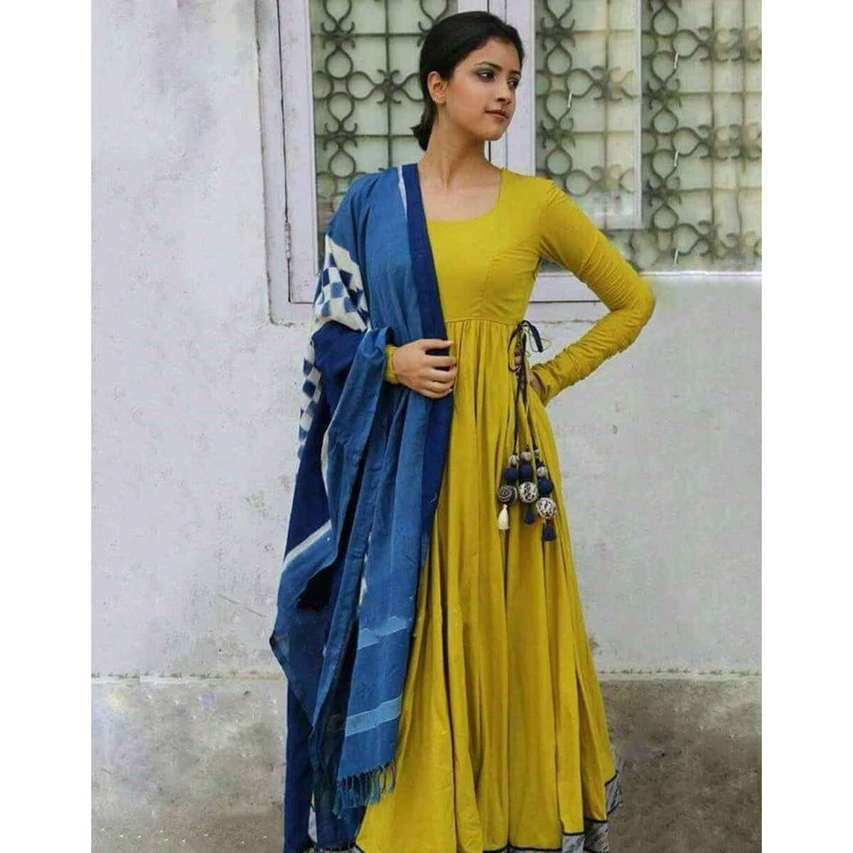 Mehendi Green Anarkali Rayon Salwar Suit with Latkan and Dupatta ClothsVilla
