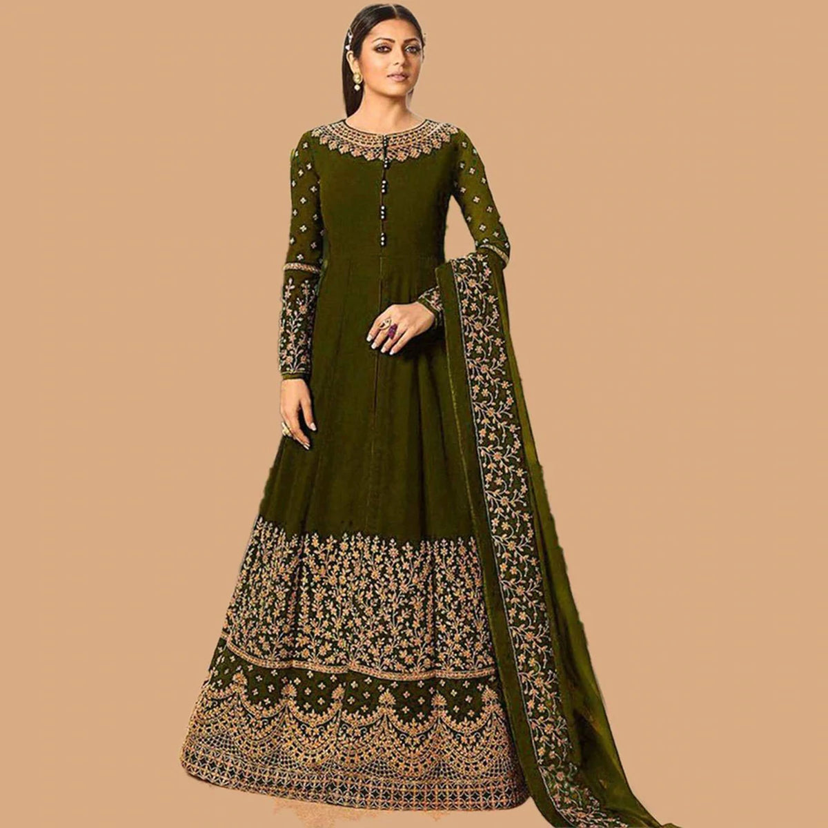 Mehendi Green Designer Georgetta Gown with Heavy Embroidery work ClothsVilla Main image