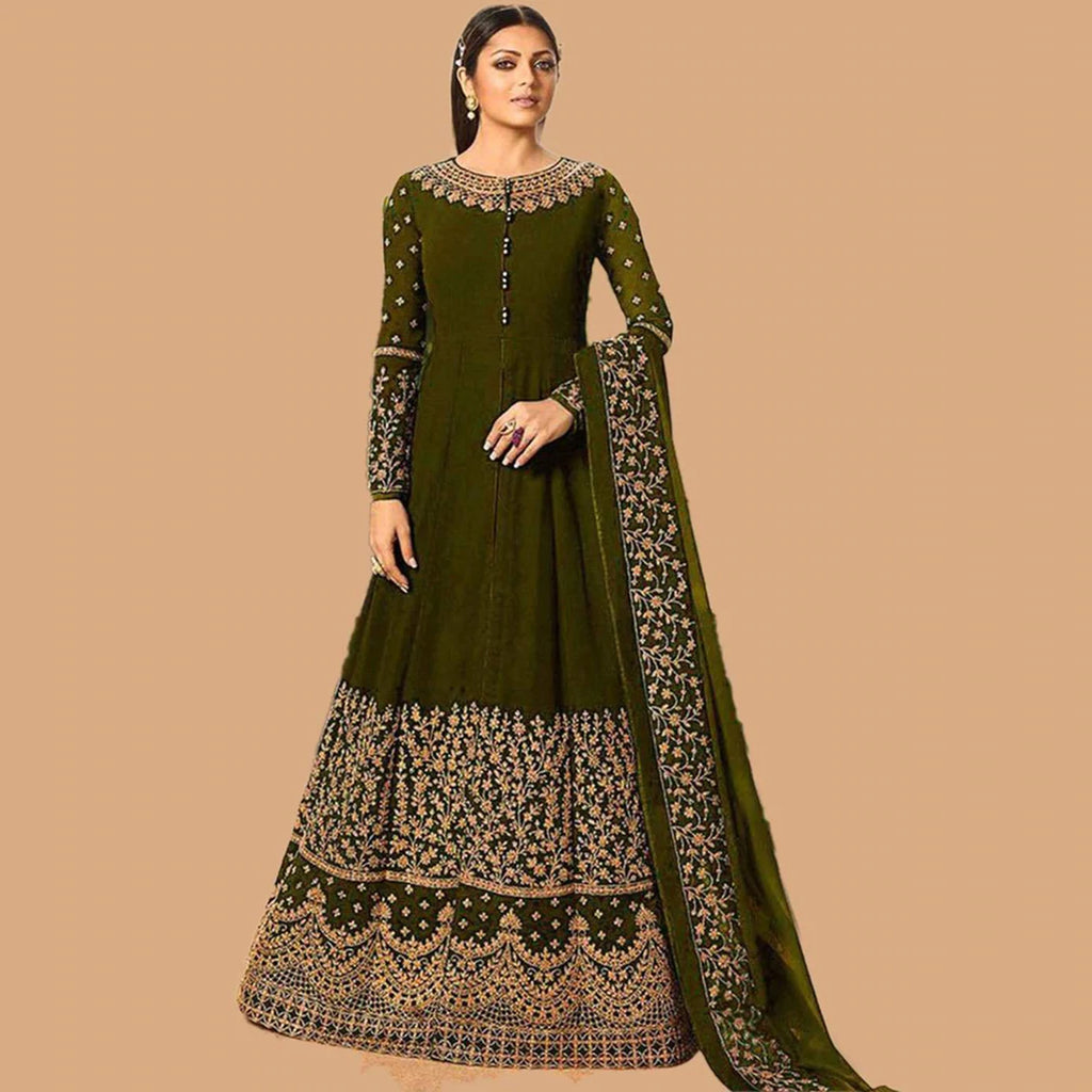 Mehendi Green Designer Georgetta Gown with Heavy Embroidery work ClothsVilla