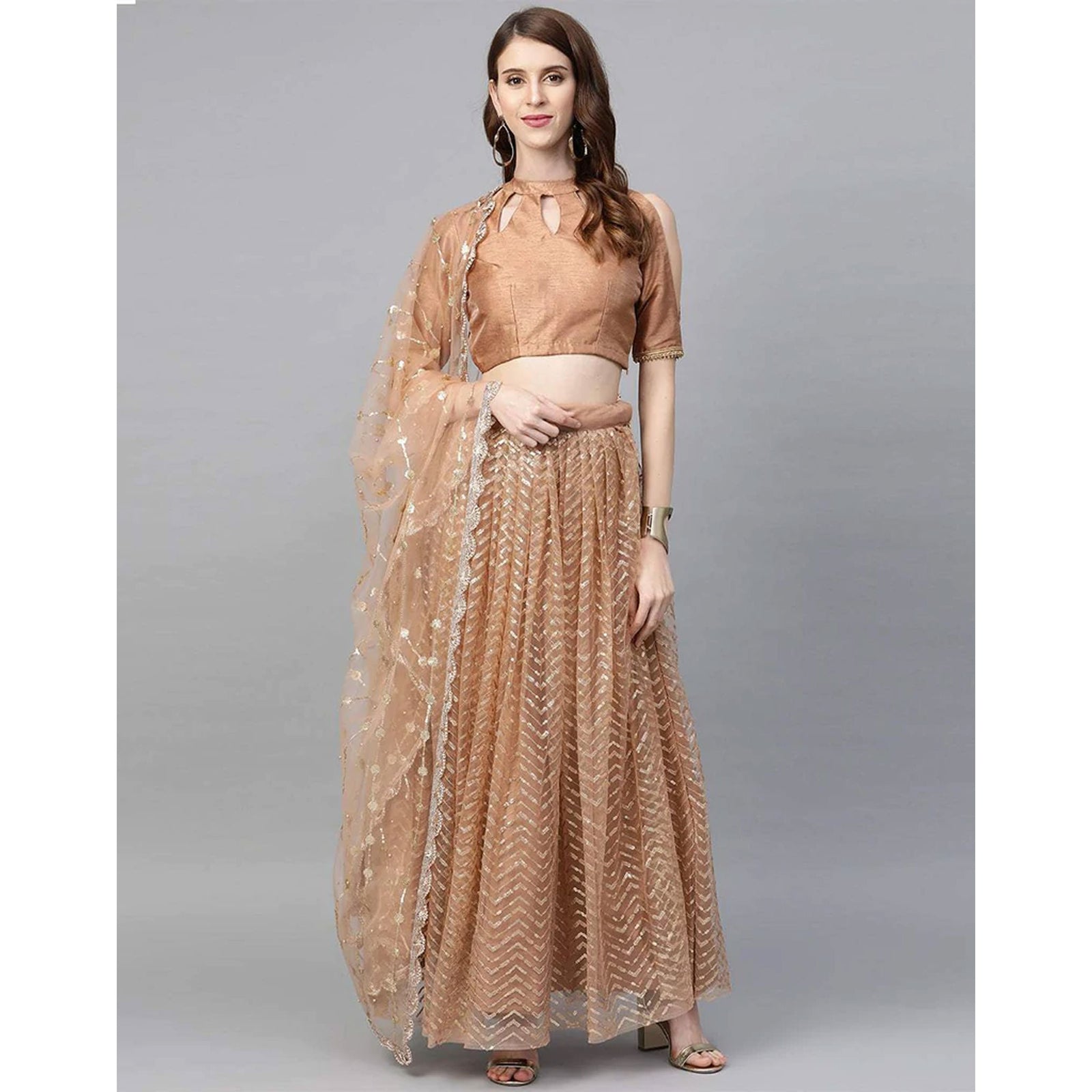 Peach color Net Lehenga with Heavy Embroidery, Zari and Thread work ClothsVilla