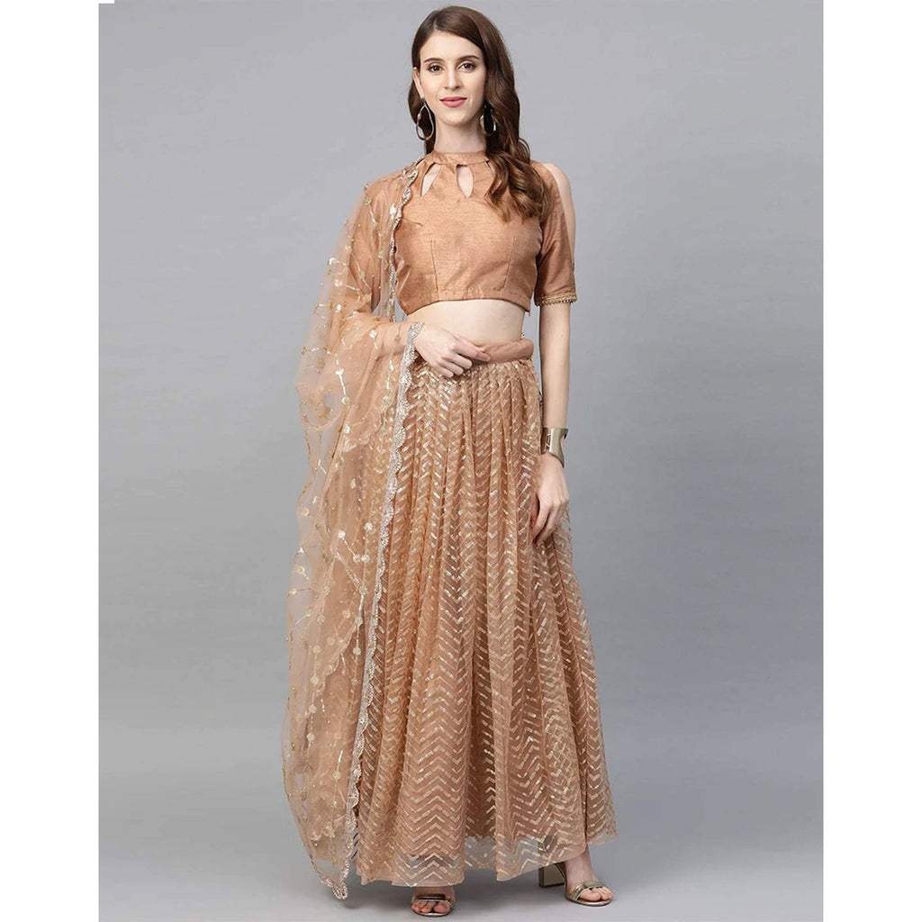 Peach color Net Lehenga with Heavy Embroidery, Zari and Thread work ClothsVilla