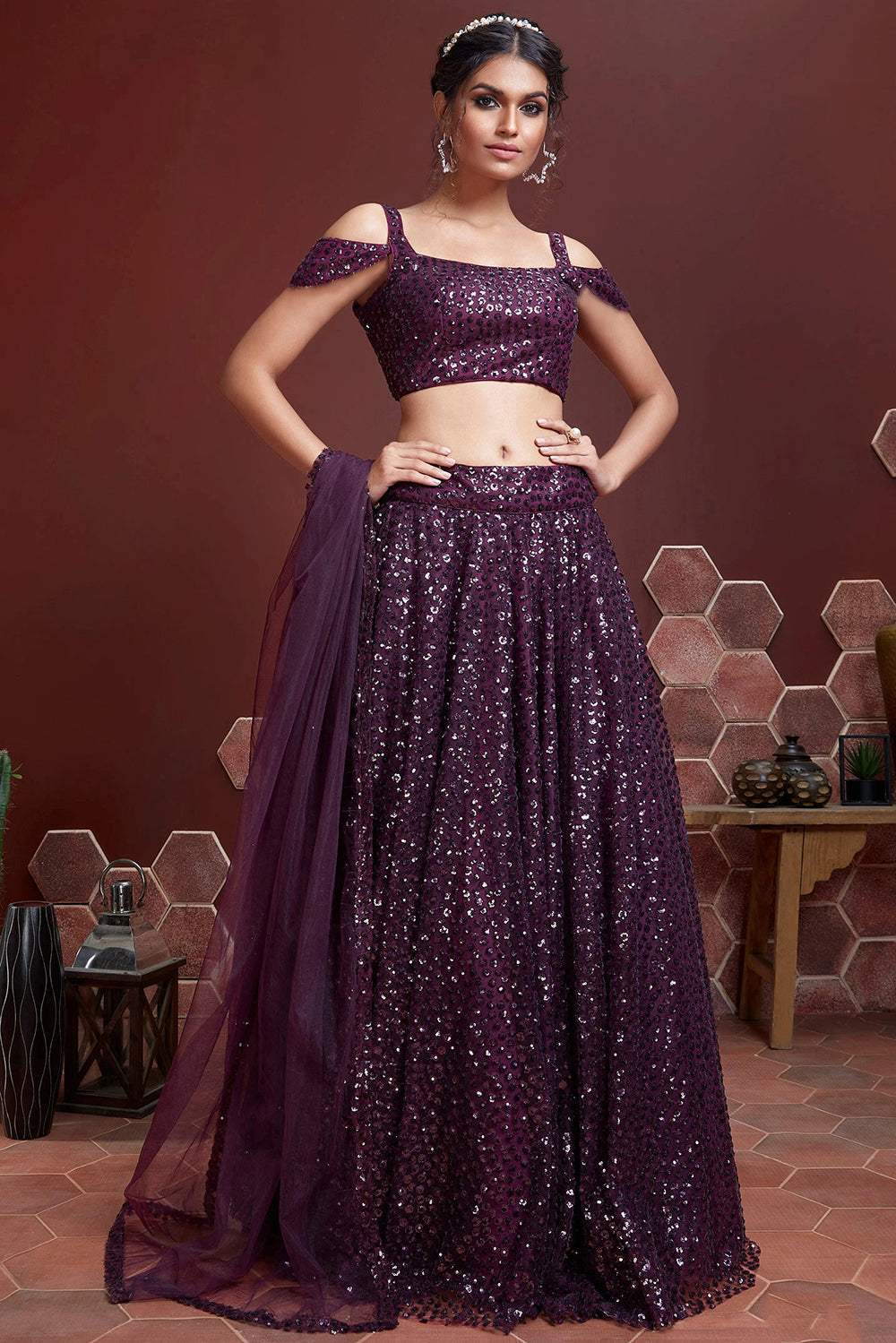 Wonderful Purple Sequins Embordered Soft Net Party Wear Lehenga ClothsVilla Main image