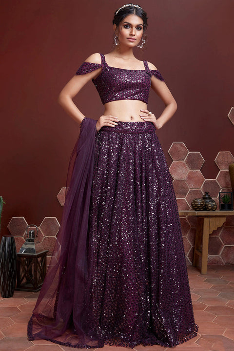 Wonderful Purple Sequins Embordered Soft Net Party Wear Lehenga ClothsVilla Main image