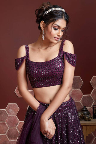 Wonderful Purple Sequins Embordered Soft Net Party Wear Lehenga ClothsVilla