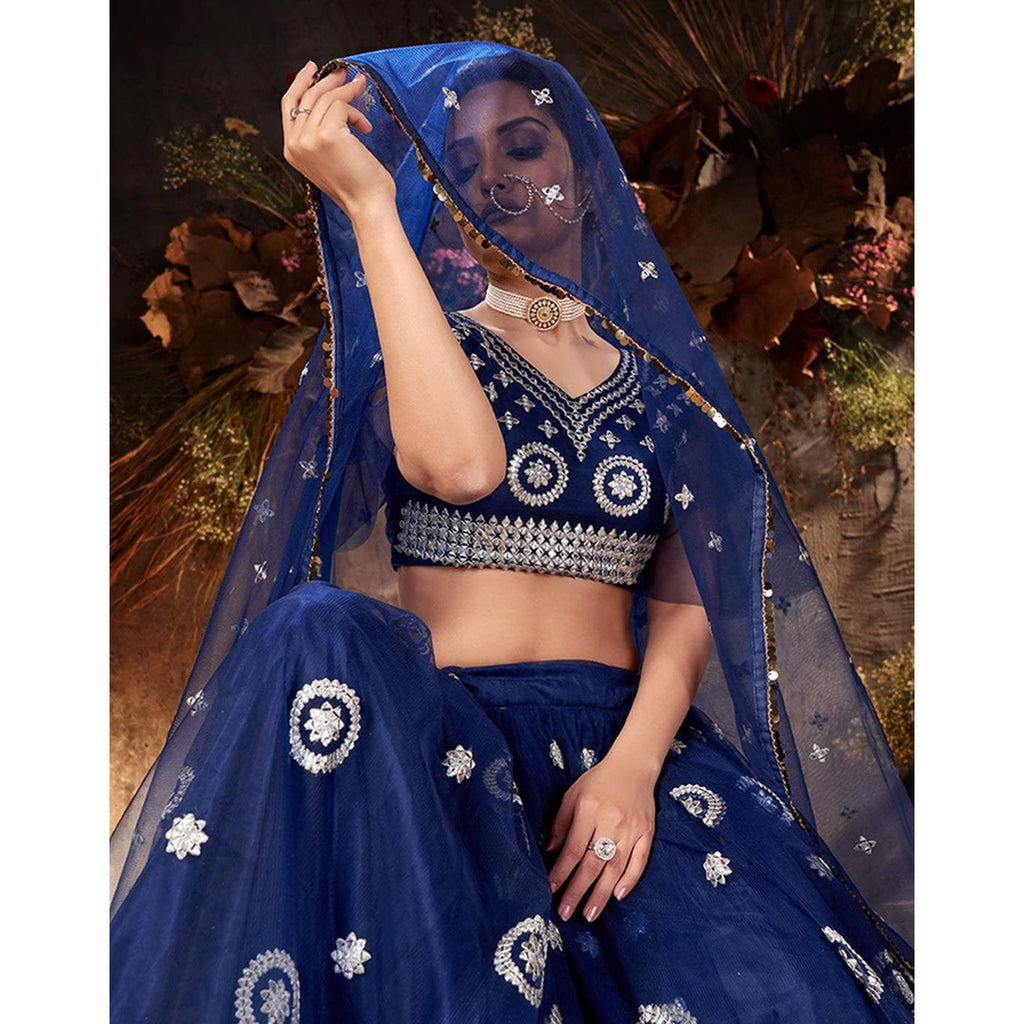 Midnight Blue Gota Embroidery, Foil and Zari Lehenga choli ClothsVilla