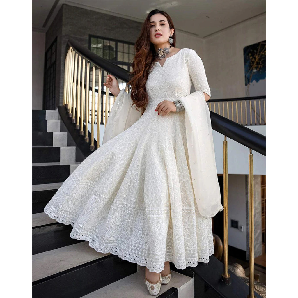 Milky White Designer Indian Anarkali Gown In Beautiful Chikan Kari Work with Organza Dupatta Set for Wedding, Party and Casual Wear ClothsVilla