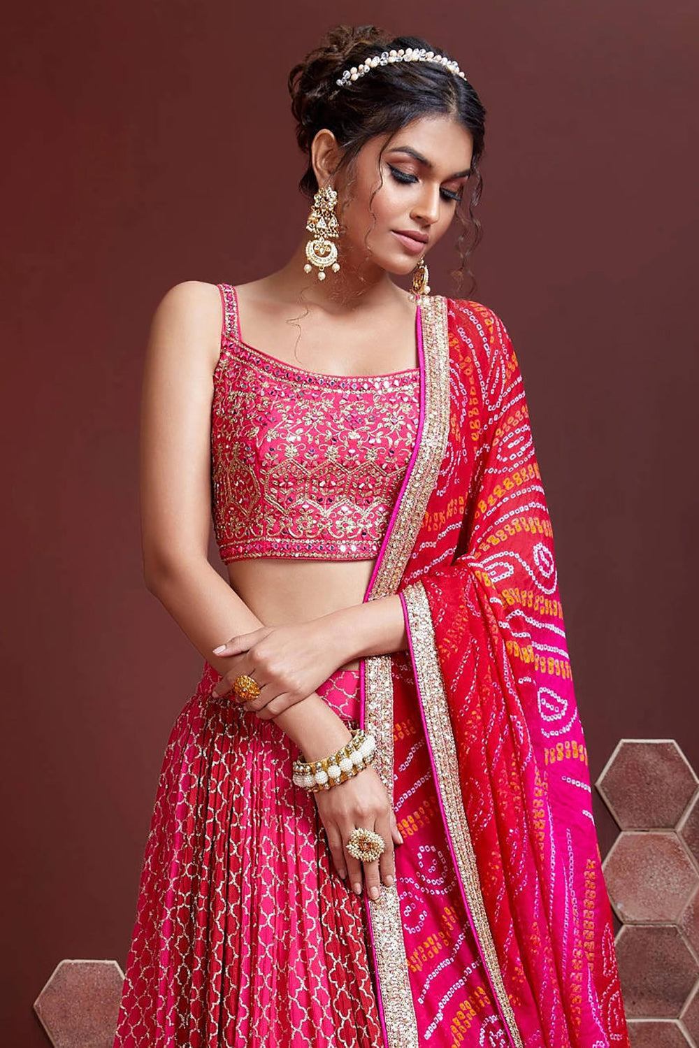 Great Pink Digital Print Chinnon Silk Engagement Wear Lehenga Choli Secondary image