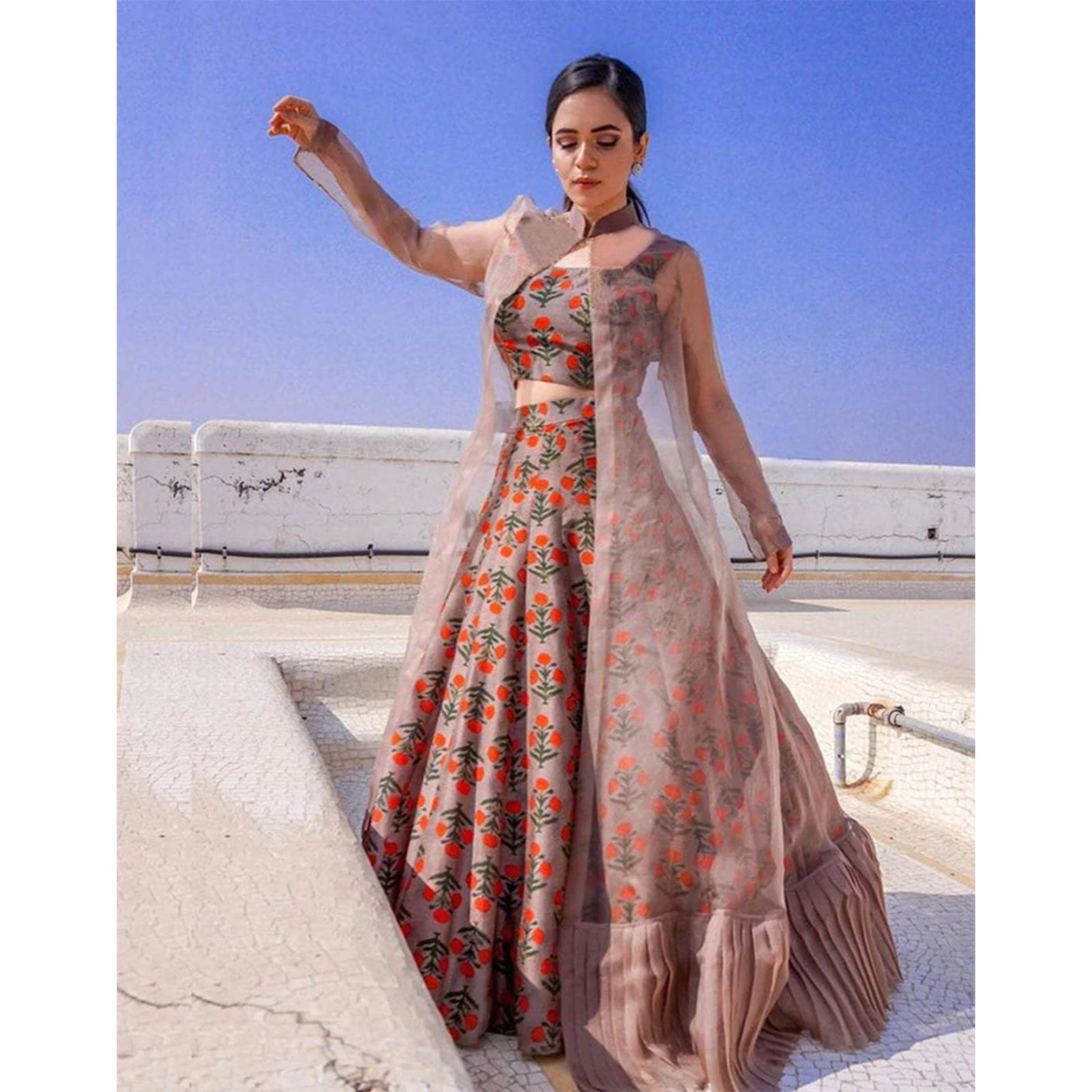 Miraculous Printed Cotton And Net Peach Party Wear Lehenga Choli ClothsVilla