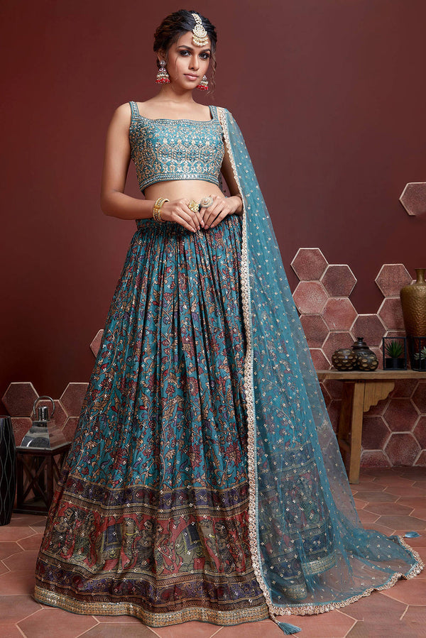 Outstanding Sky Blue Digital Print Chinnon Silk Party Wear Lehenga Choli ClothsVilla