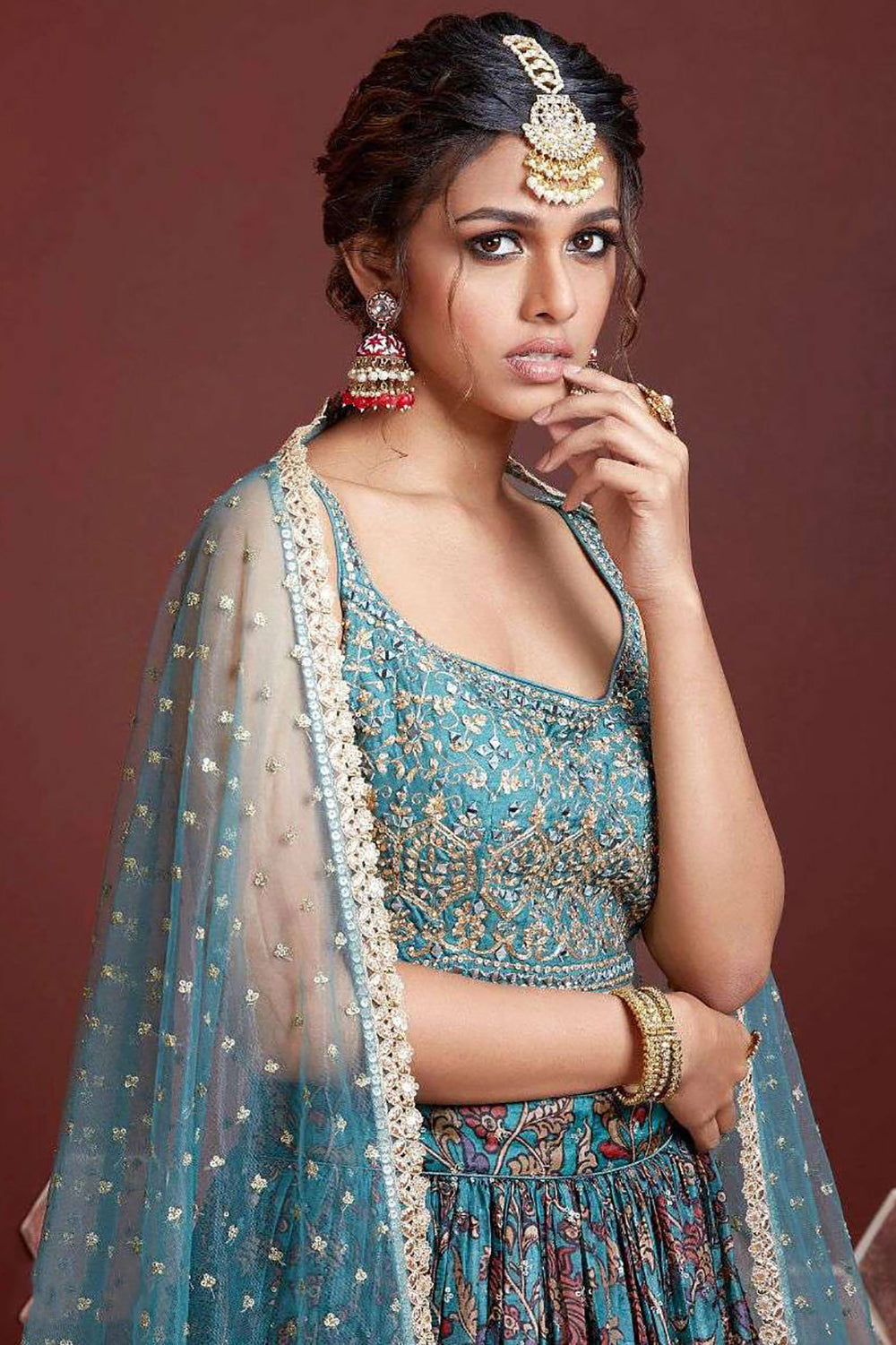 Outstanding Sky Blue Digital Print Chinnon Silk Party Wear Lehenga Choli Secondary image