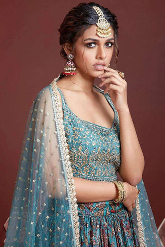 Outstanding Sky Blue Digital Print Chinnon Silk Party Wear Lehenga Choli ClothsVilla