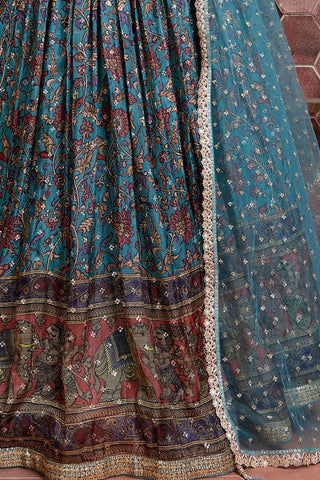 Outstanding Sky Blue Digital Print Chinnon Silk Party Wear Lehenga Choli ClothsVilla