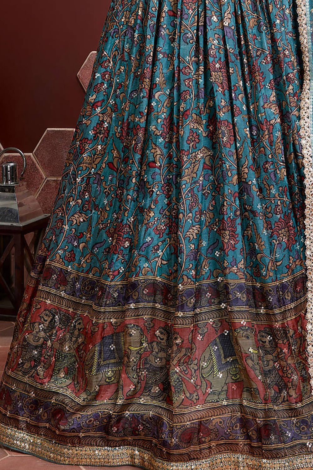 Outstanding Sky Blue Digital Print Chinnon Silk Party Wear Lehenga Choli ClothsVilla