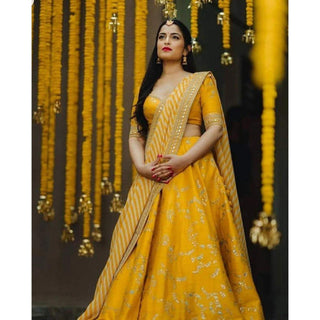 Mustard Yellow Bangalore Silk Lehenga Choli with Heavy Embroidery Work ClothsVilla
