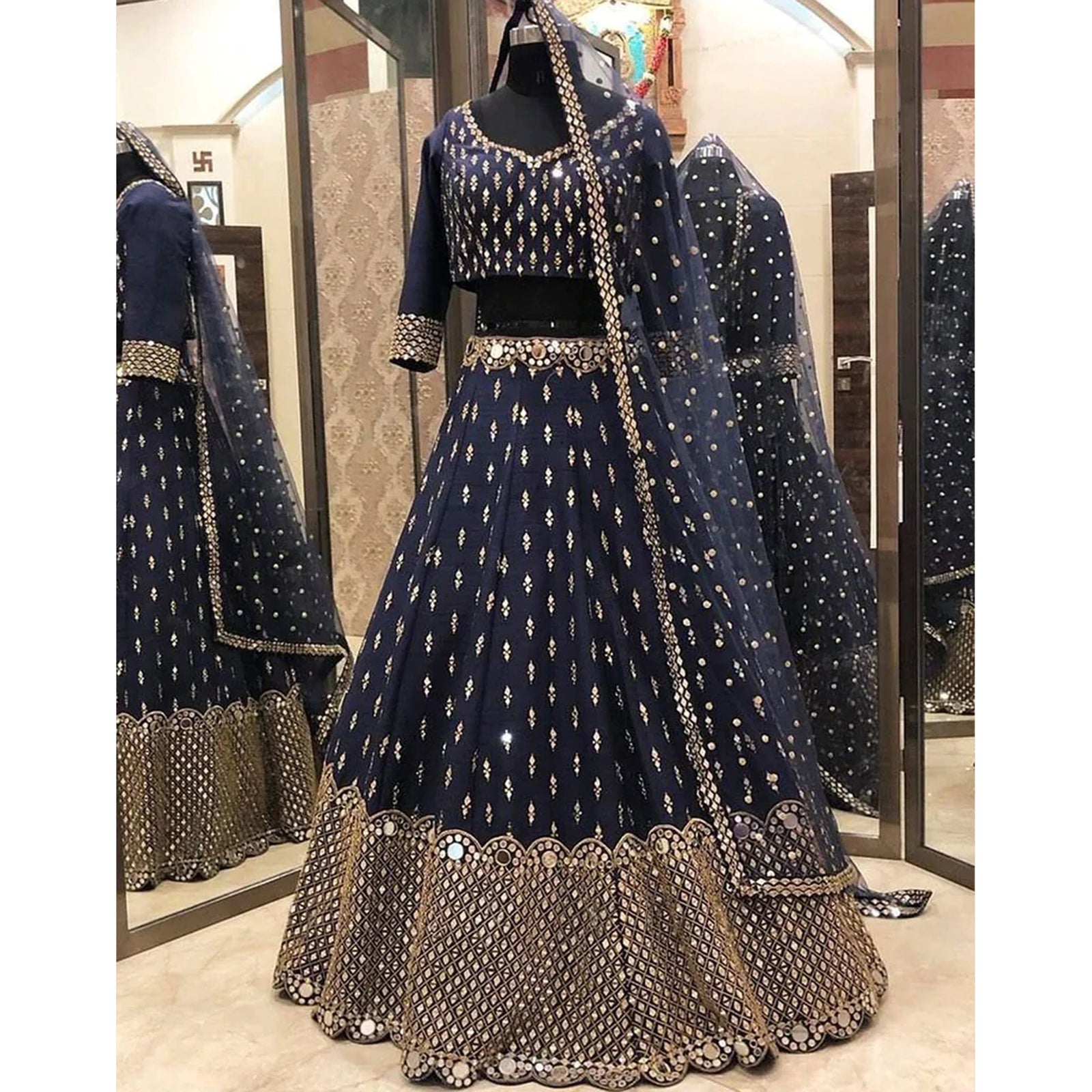 Navy Blue Color Lehenga Choli with Foil Mirror and Embroidery Zari work ClothsVilla