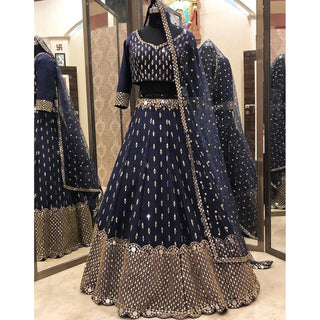 Navy Blue Color Lehenga Choli with Foil Mirror and Embroidery Zari work ClothsVilla