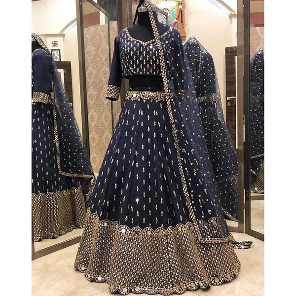 Navy Blue Color Lehenga Choli with Foil Mirror and Embroidery Zari work ClothsVilla