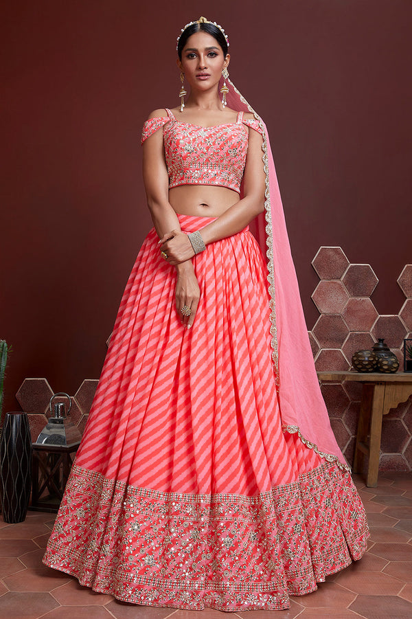 Fantastic Peach Sequins Embordered Organza Silk Engagement Wear Lehenga Choli ClothsVilla