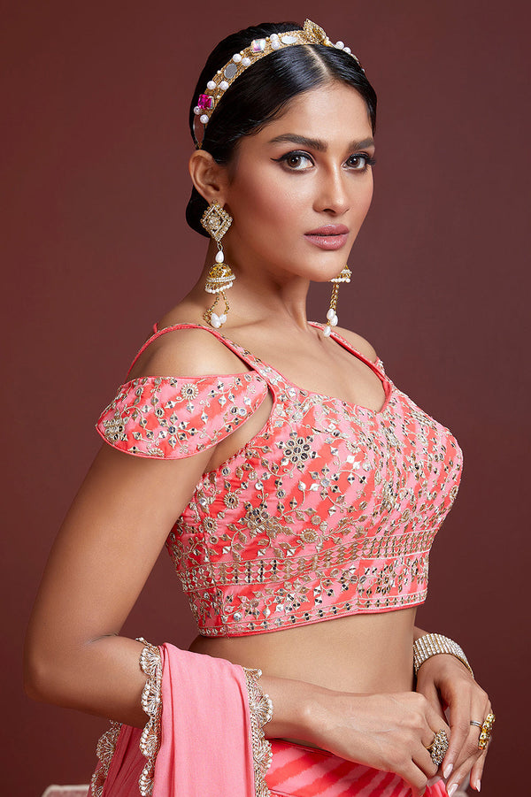 Fantastic Peach Sequins Embordered Organza Silk Engagement Wear Lehenga Choli ClothsVilla
