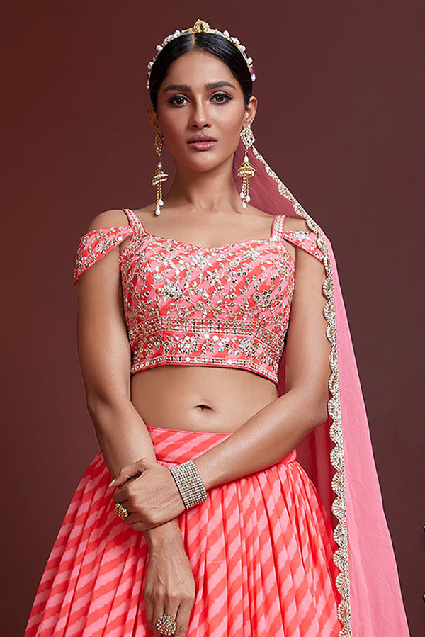 Fantastic Peach Sequins Embordered Organza Silk Engagement Wear Lehenga Choli ClothsVilla