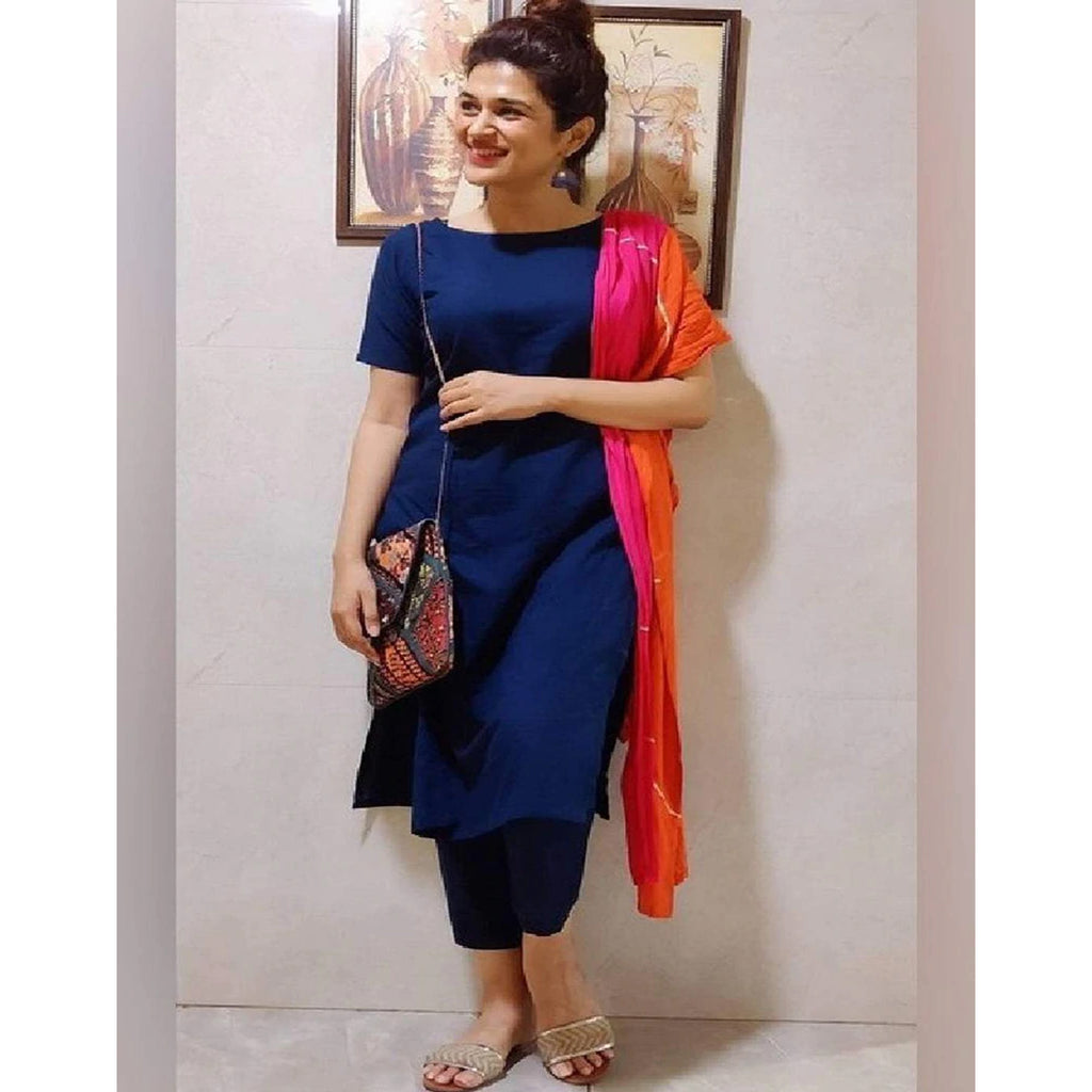 Navy Blue Color Maska Cotton Base Pant Style Salwar Suit wit