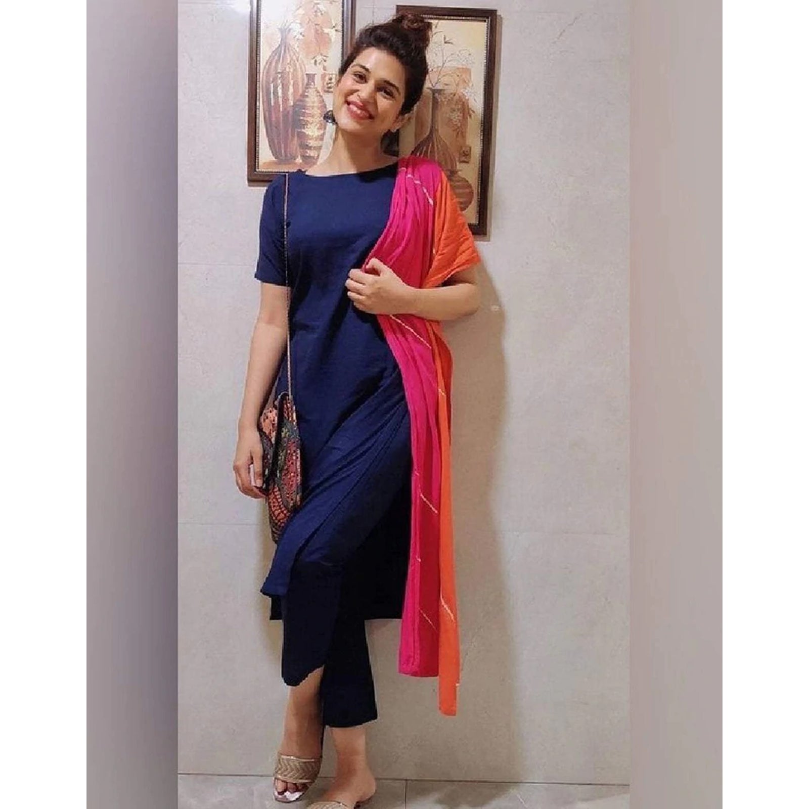 Navy Blue Color Maska Cotton Base Pant Style Salwar Suit with Georgette Dupatta ClothsVilla