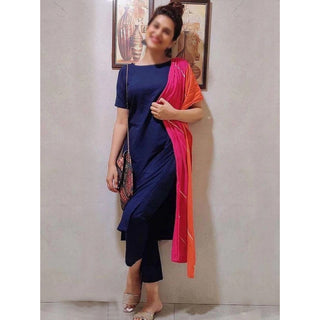 Navy Blue Color Maska Cotton Base Pant Style Salwar Suit with Georgette Dupatta ClothsVilla