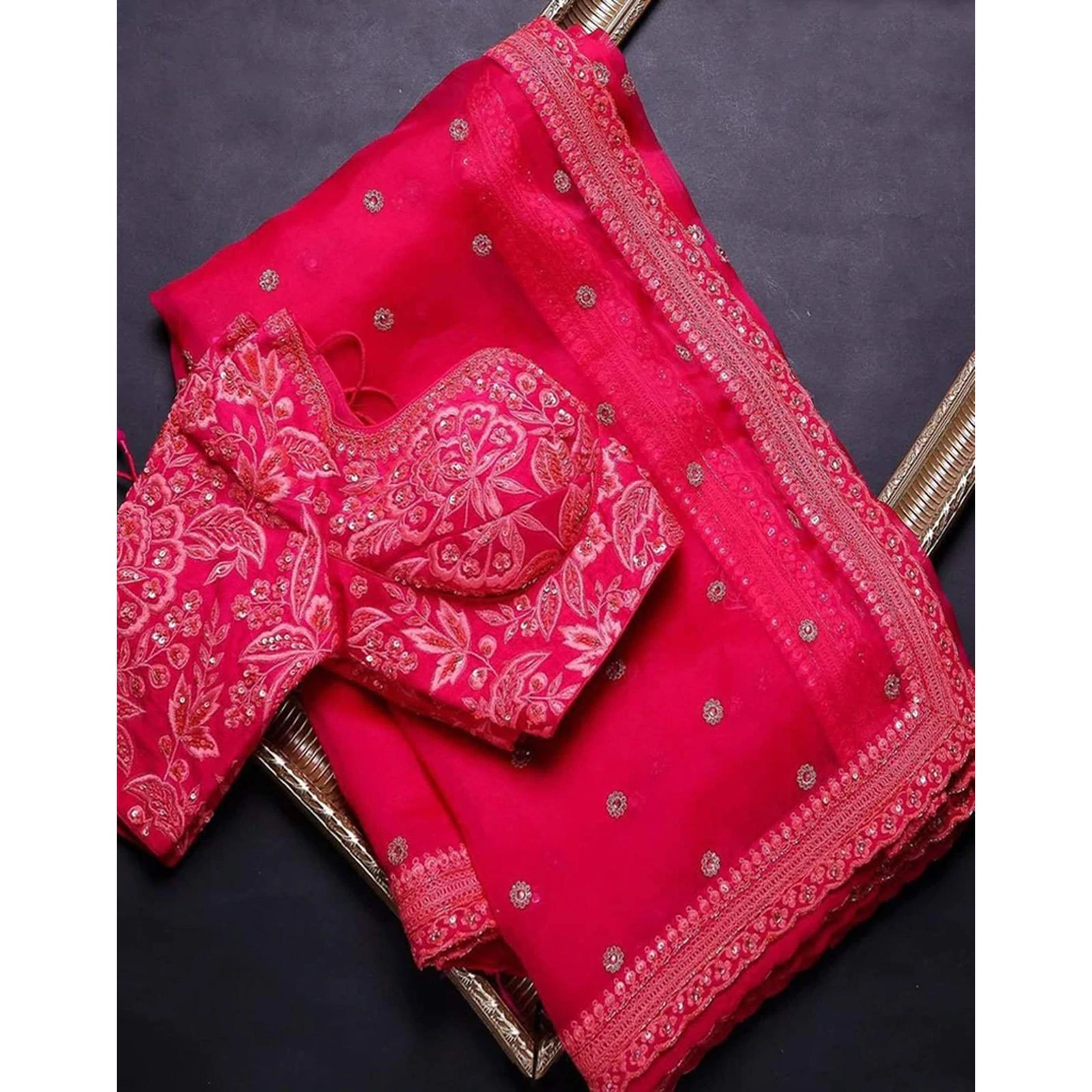 Neon Pink Organza Silk Saree with Heavy Embroidery Work ClothsVilla