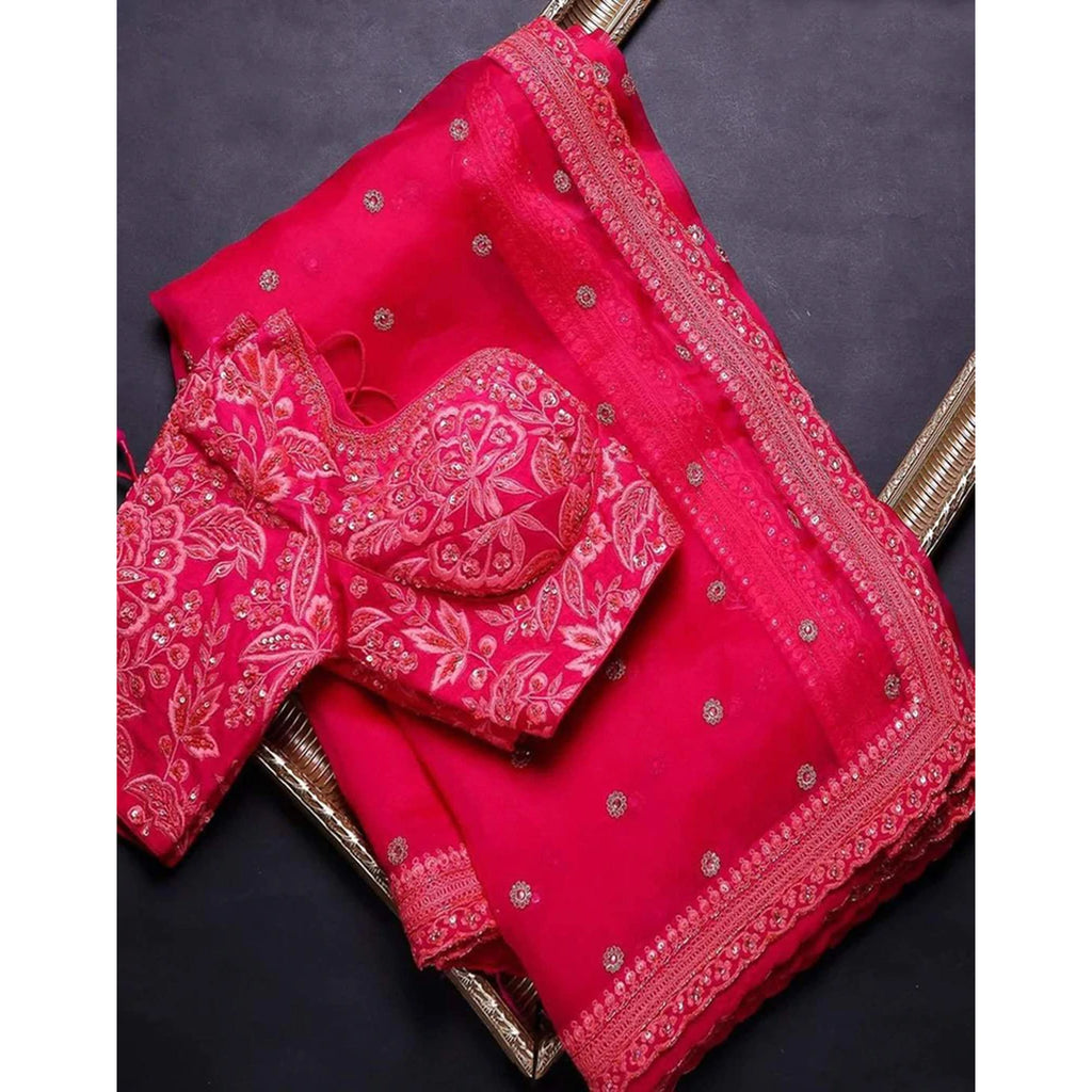 Neon Pink Organza Silk Saree with Heavy Embroidery Work - Cl