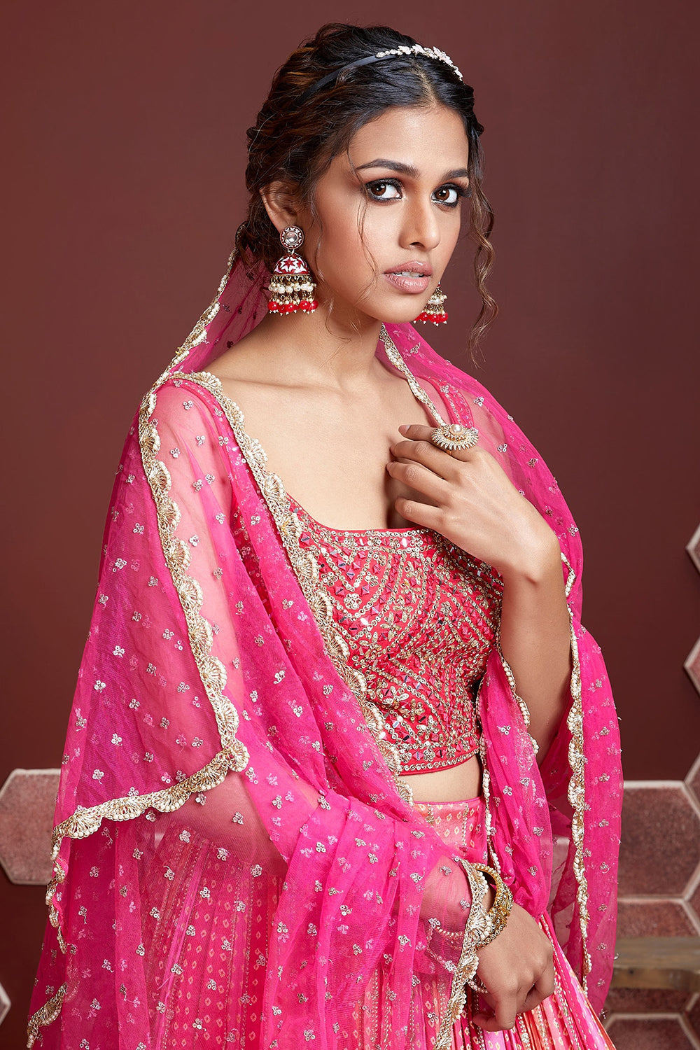 Wonderful Pink Digital Print Chinnon Silk Engagement Wear Lehenga Choli Secondary image