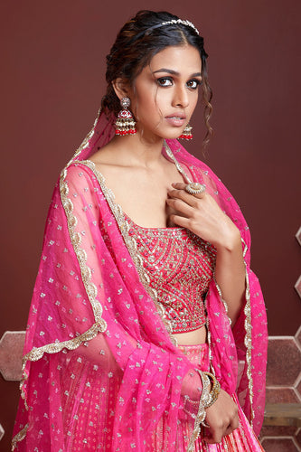 Wonderful Pink Digital Print Chinnon Silk Engagement Wear Lehenga Choli ClothsVilla