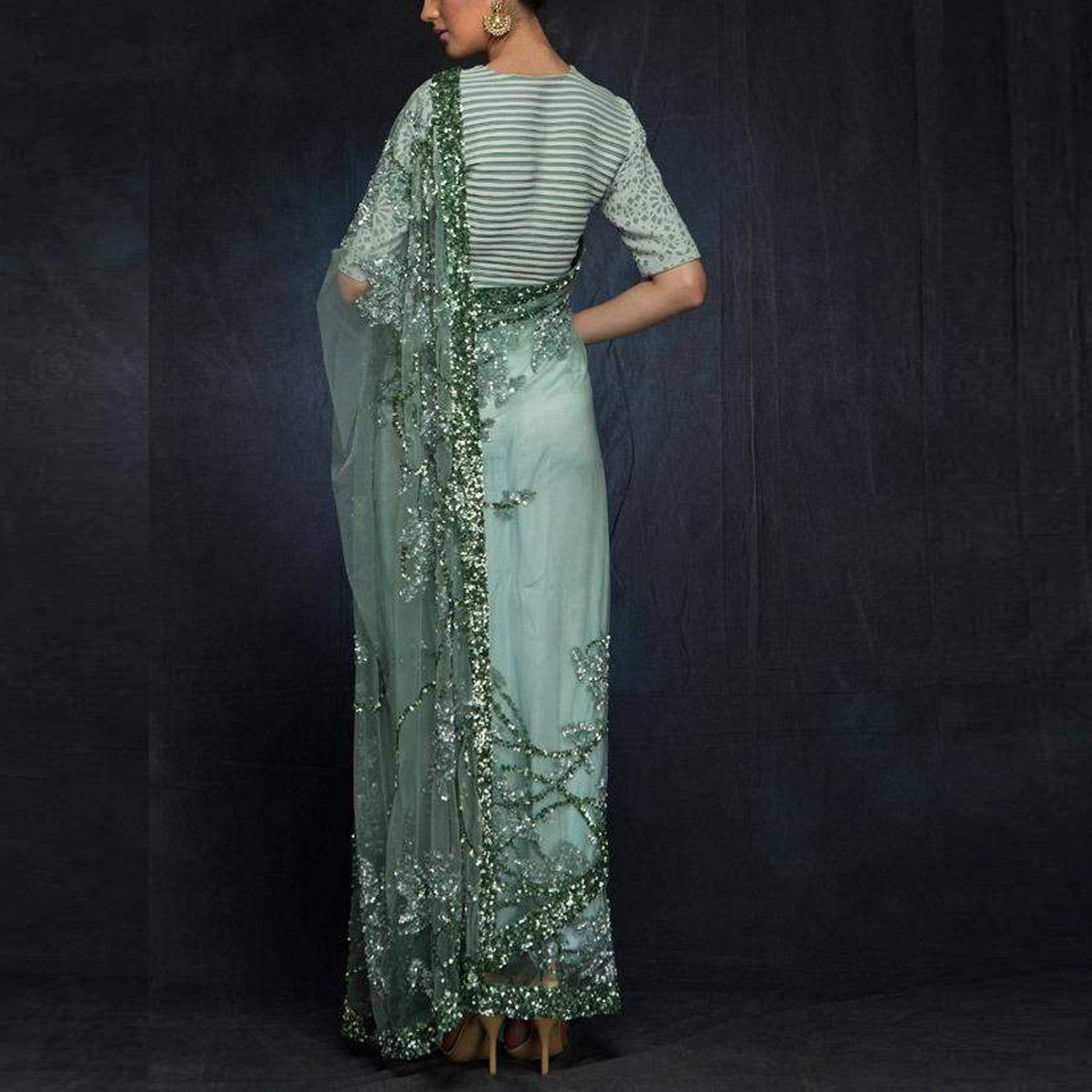 New Party Wear Sequence on Butterfly Net Saree and Printed Blouse ClothsVilla
