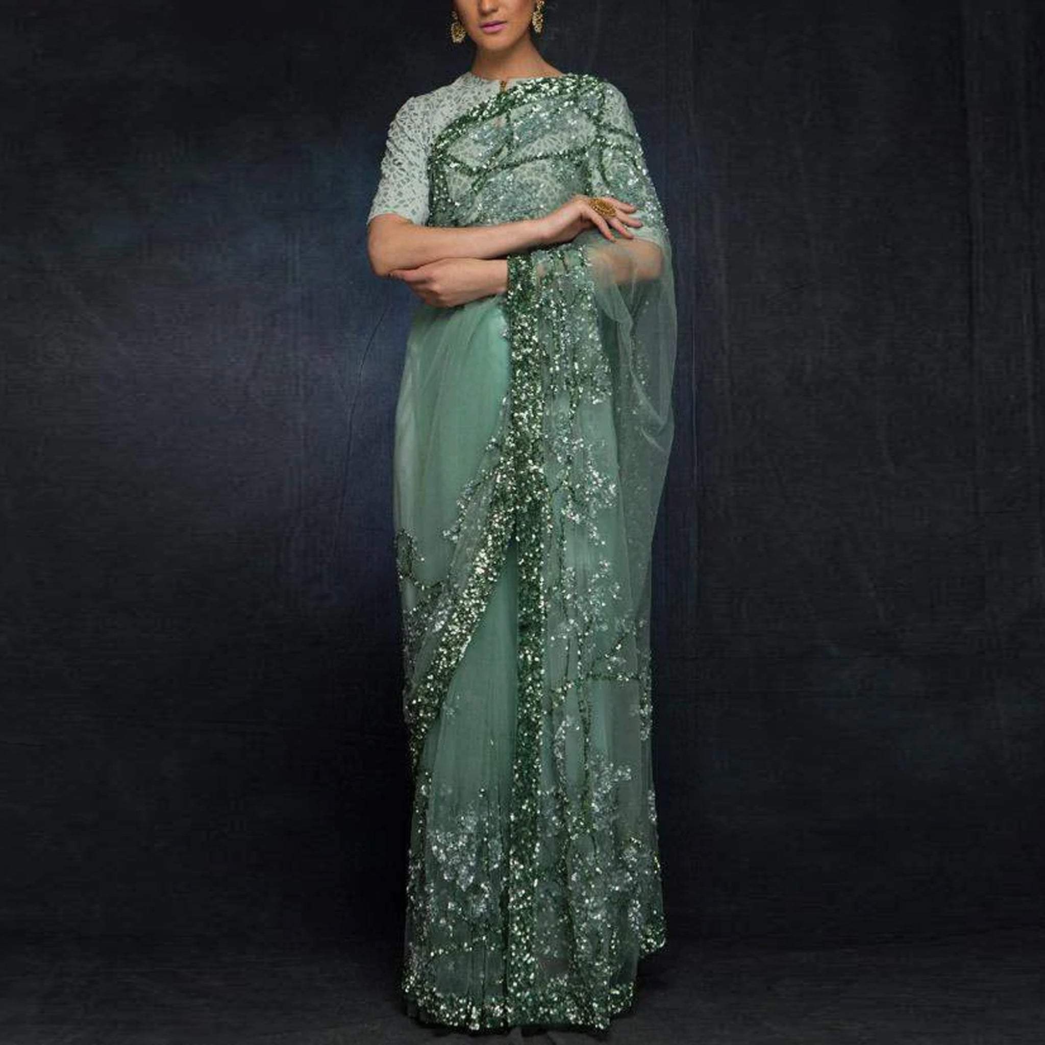 New Party Wear Sequence on Butterfly Net Saree and Printed Blouse ClothsVilla Main image