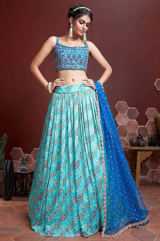 Amazing Sky Blue Digital Print Chinnon Silk Engagement Wear Lehenga Choli ClothsVilla