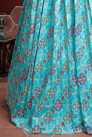 Amazing Sky Blue Digital Print Chinnon Silk Engagement Wear Lehenga Choli ClothsVilla