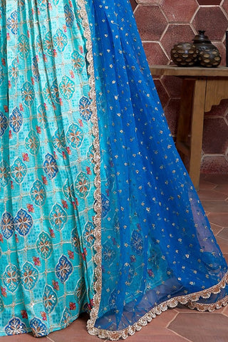Amazing Sky Blue Digital Print Chinnon Silk Engagement Wear Lehenga Choli ClothsVilla