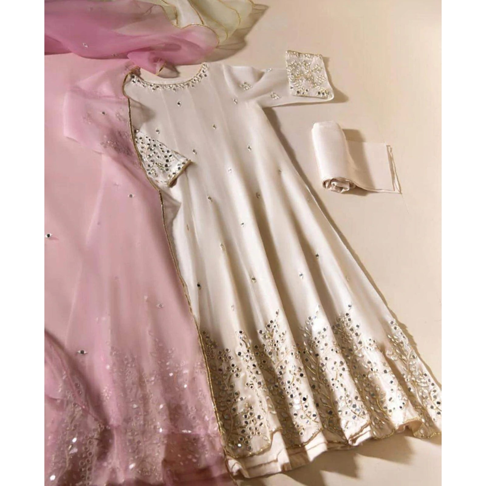 Off White Organza Salwar Suit with Mirror and Stonework ClothsVilla
