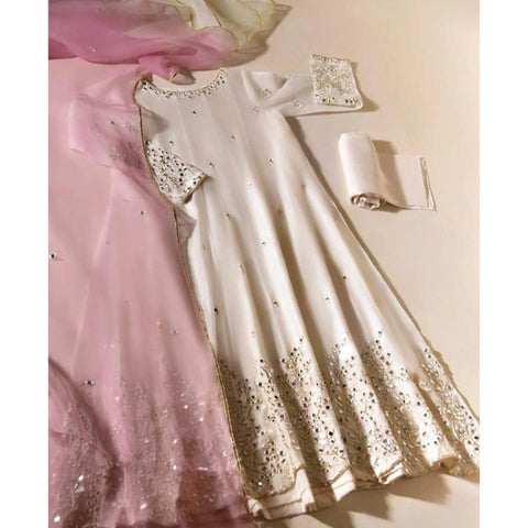 Off White Organza Salwar Suit with Mirror and Stonework ClothsVilla Main image