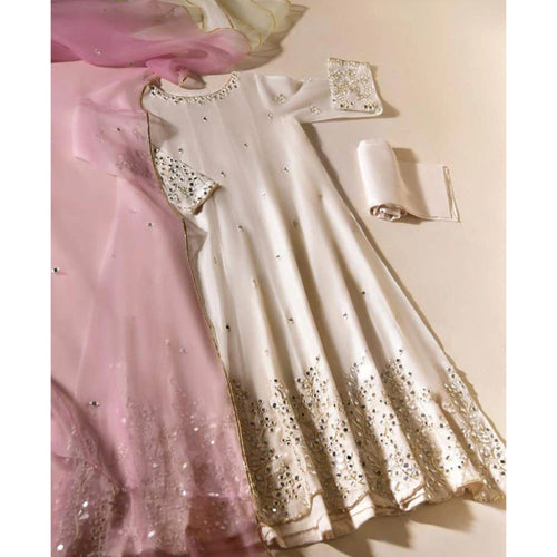 Off White Organza Salwar Suit with Mirror and Stonework ClothsVilla