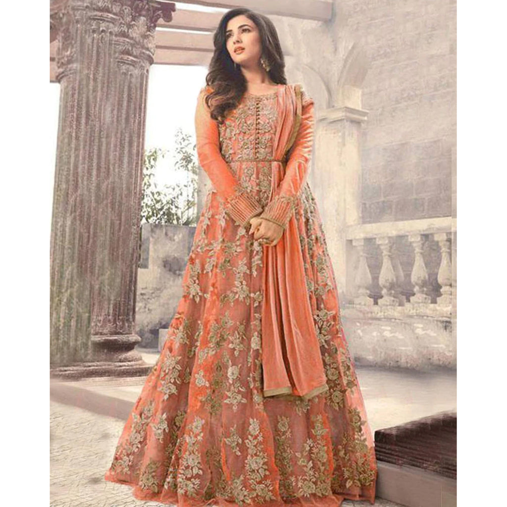 Orange Color Designer Gown with Heavy Embroidery and Stone Work ClothsVilla
