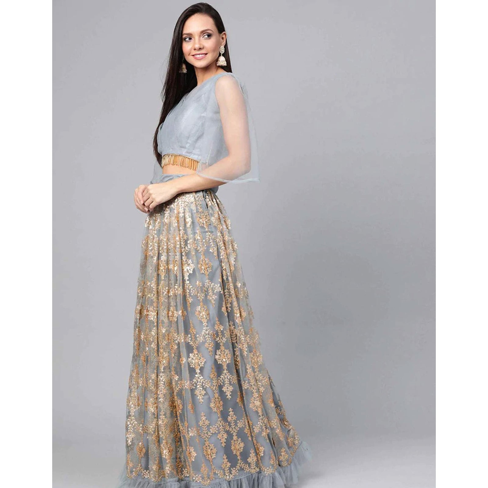 Grey color Soft Net Lehenga with Heavy Embroidery work ClothsVilla