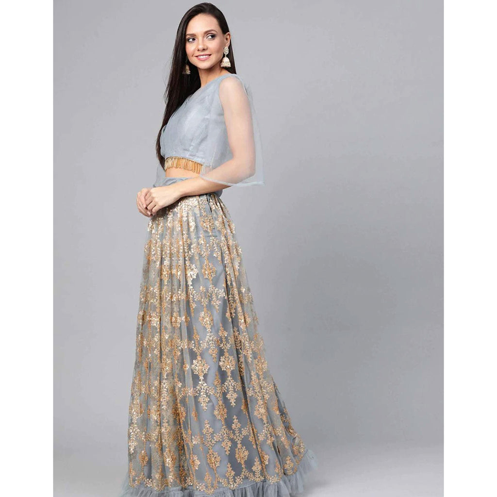 Grey color Soft Net Lehenga with Heavy Embroidery work ClothsVilla