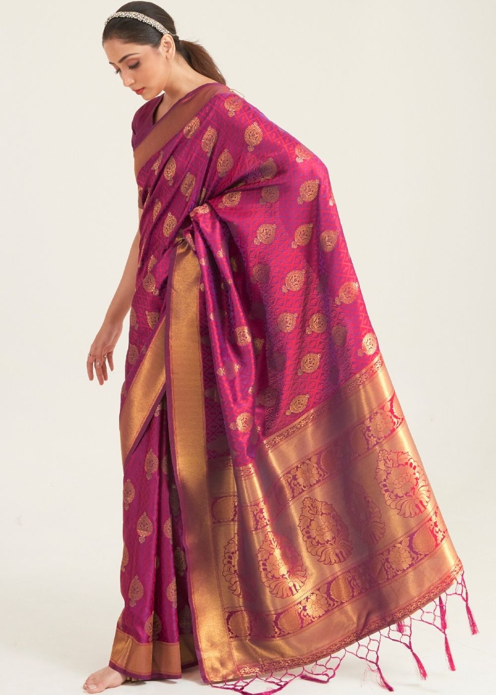 Hibiscus Purple Zari Butta Woven Banasari Silk Saree Clothsvilla Main image