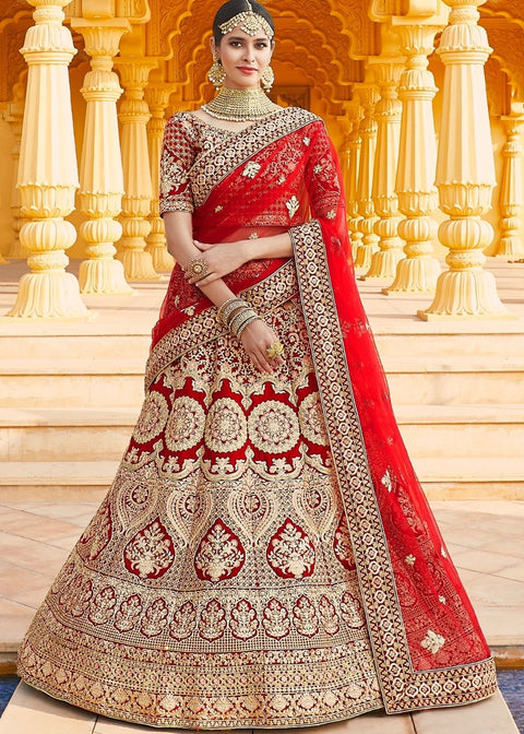 Crimson Red Velvet  Bridal Lehenga Choli with Embroidery & Hand work Clothsvilla Main image
