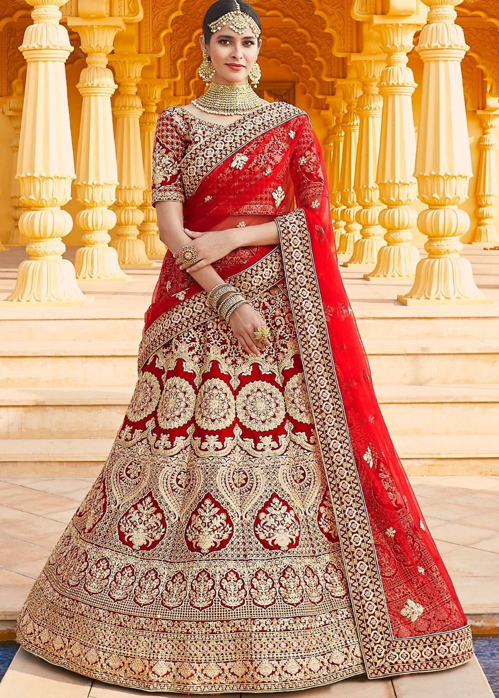 Crimson Red Velvet  Bridal Lehenga Choli with Embroidery & Hand work Clothsvilla