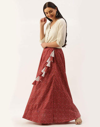 Heavy Cotton Red Skirt with Digital Print ClothsVilla