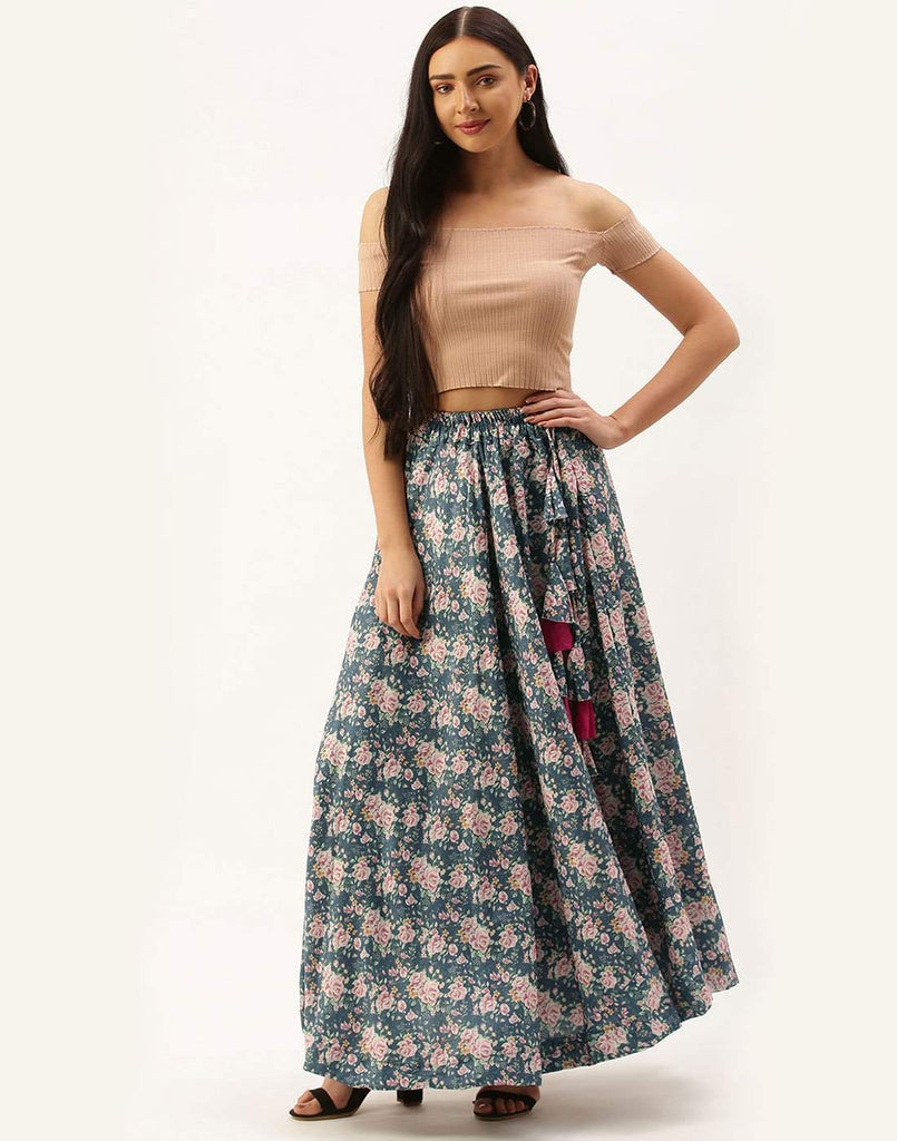Grey Color Rayon Cotton Skirt with Digital Flowers Print ClothsVilla