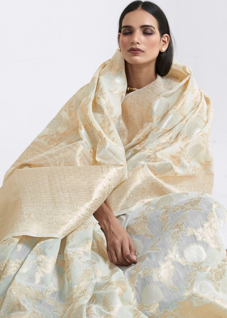 Ivory White Zari Woven Linen Silk Saree Clothsvilla